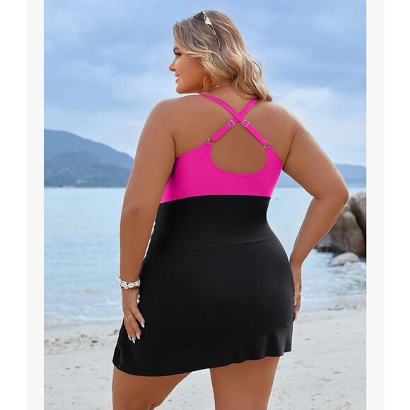 Women's Plus Size Swim Dress Tummy Control Swimsuit pink  size XXL Criss Cross - Picture 4 of 15